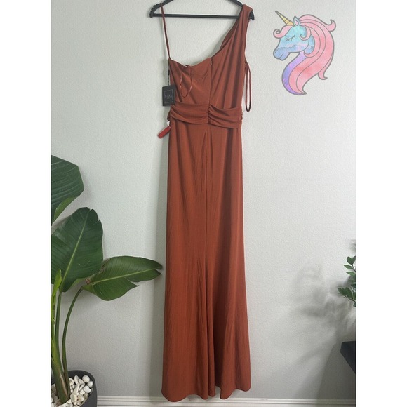 Mac Duggal 26581 Brick Jersey One Shoulder Belted Trumpet Gown Size 8 MSRP $298 - Picture 6 of 12